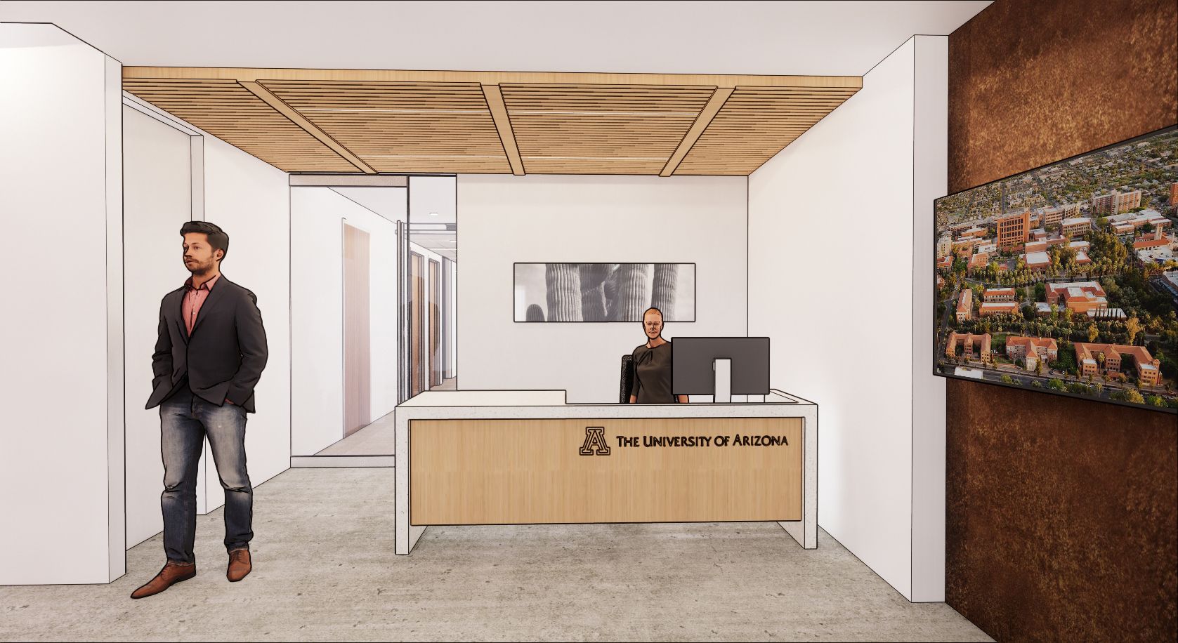 Illustrated rendering of the reception desk in the DC center